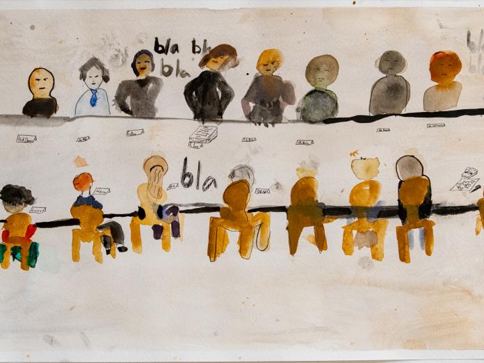 akvarel maleri af en masse personer som sidder ved et bord