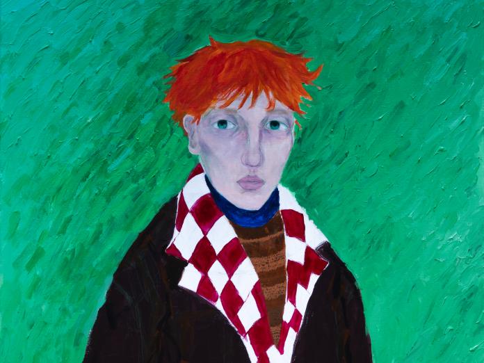 Maleri af person med orange hår på grøn baggrund